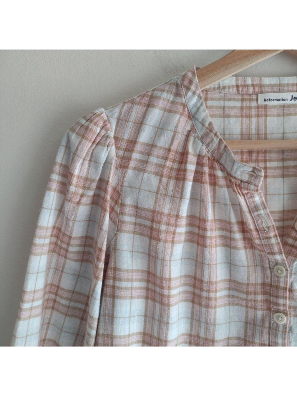 Reformation Plaid Blouse S Soft Peach Tan Light Academia Cotton Top - Picture 4 of 10